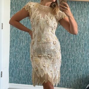 A.J. Bari Gold and Cream Hand Beaded Mini Dress